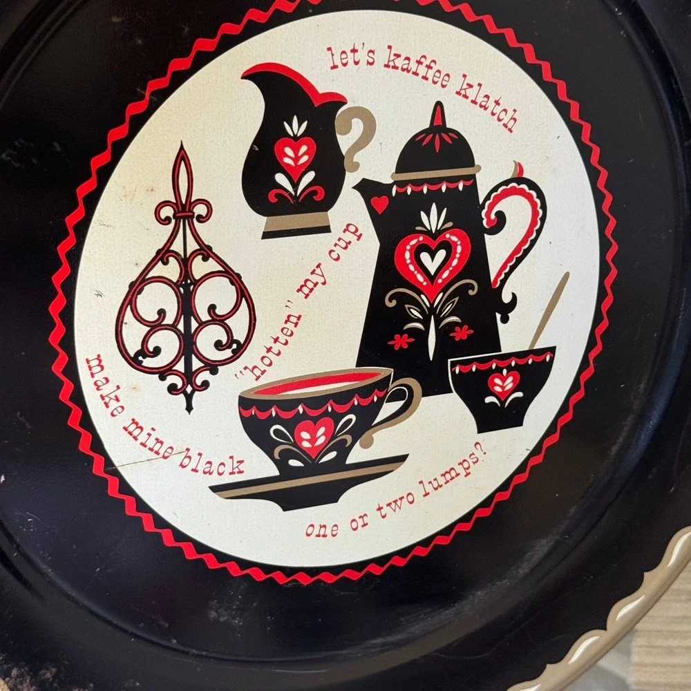 Vintage Kaffee Klatch Folk Art Metal Serving Tray Black Red Heart MCM Folk Art